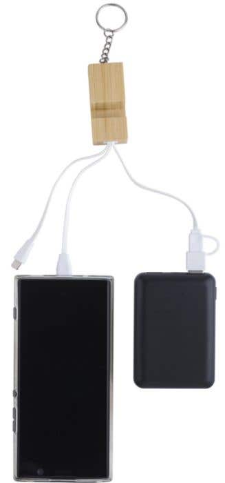 Sleutelhanger met oplaadkabels Sutton | Bamboe | Telefoonstandaard